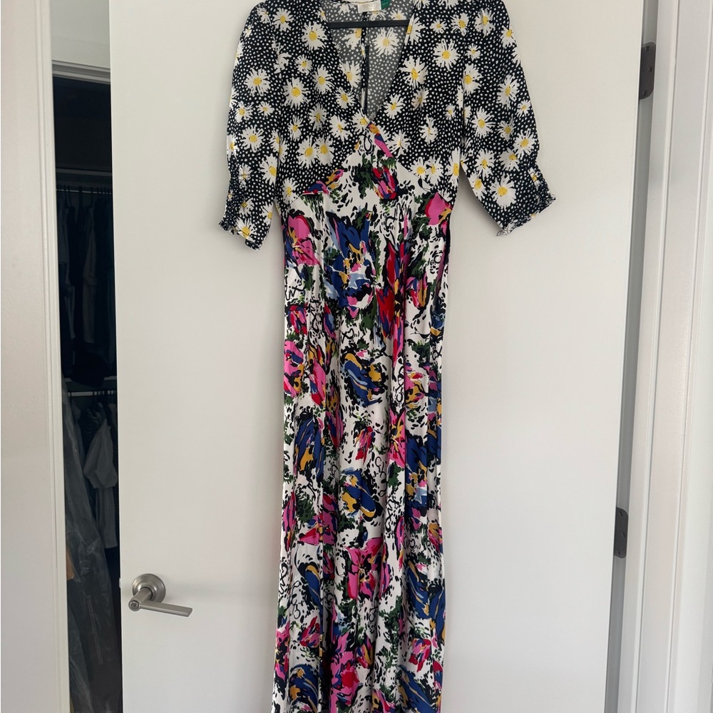 RIXO Black and White Floral Maxi Dress with Pink and Blue Accents